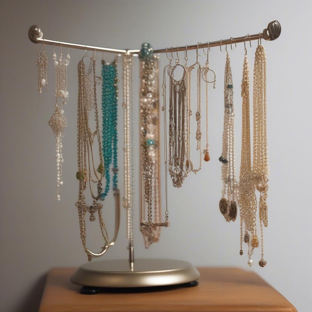 Miniature s hooks organizing necklaces and earrings on a jewelry stand.