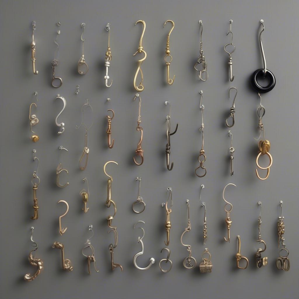 Various miniature s hooks in different sizes and finishes.