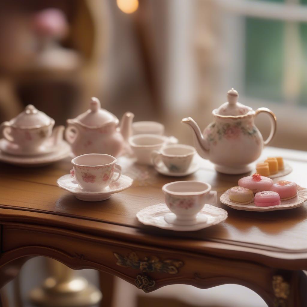 Miniature tea set arranged on a dollhouse table with tiny cakes and pastries.