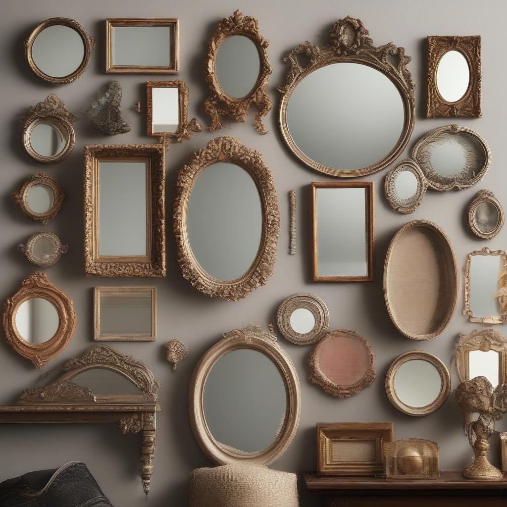 Miniature wall mirrors in assorted styles and shapes.