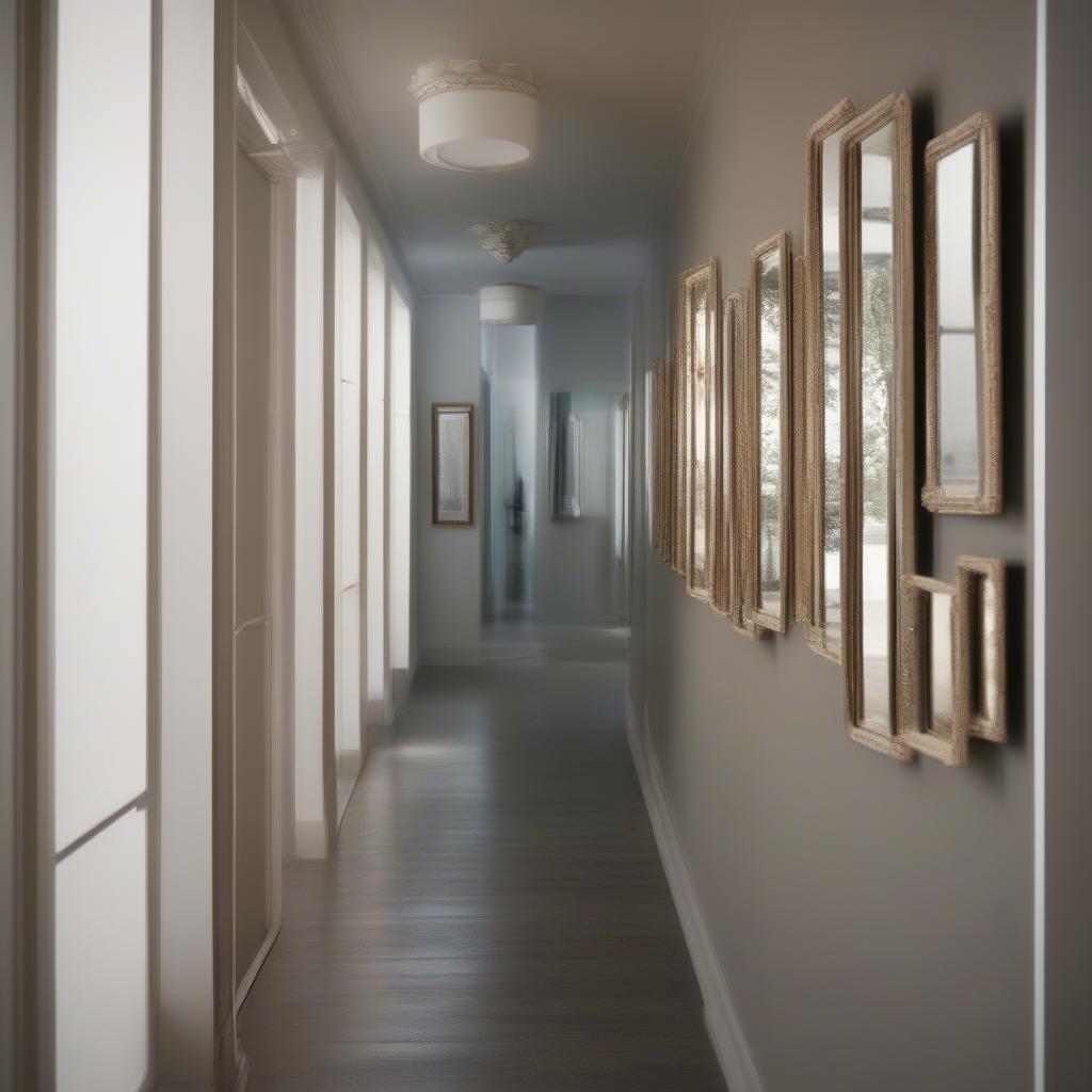 Miniature wall mirrors placed in a hallway to create the illusion of space.