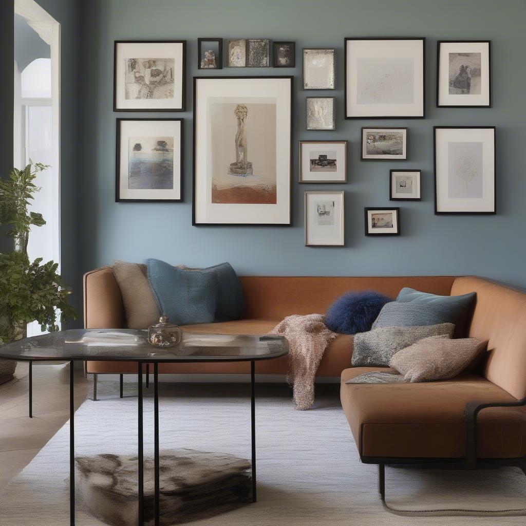 Miniature wall mirrors used as decorative elements in a living room.