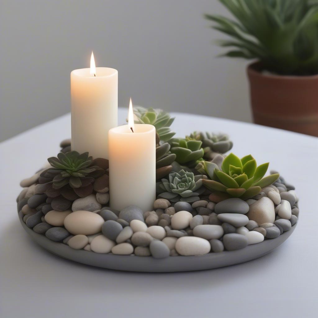 Minimalist candle garden featuring succulents and pebbles