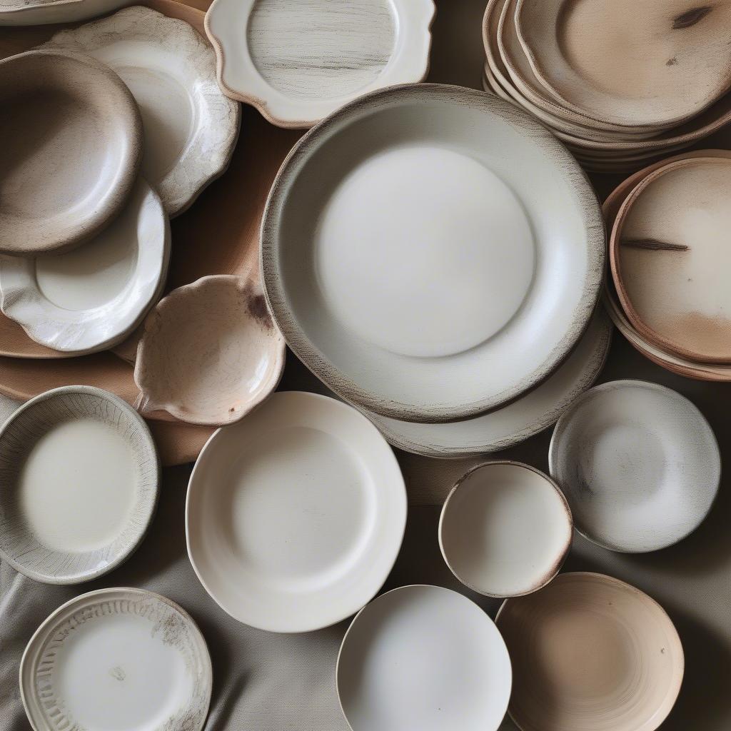 Mismatched farmhouse plates in various textures and colors