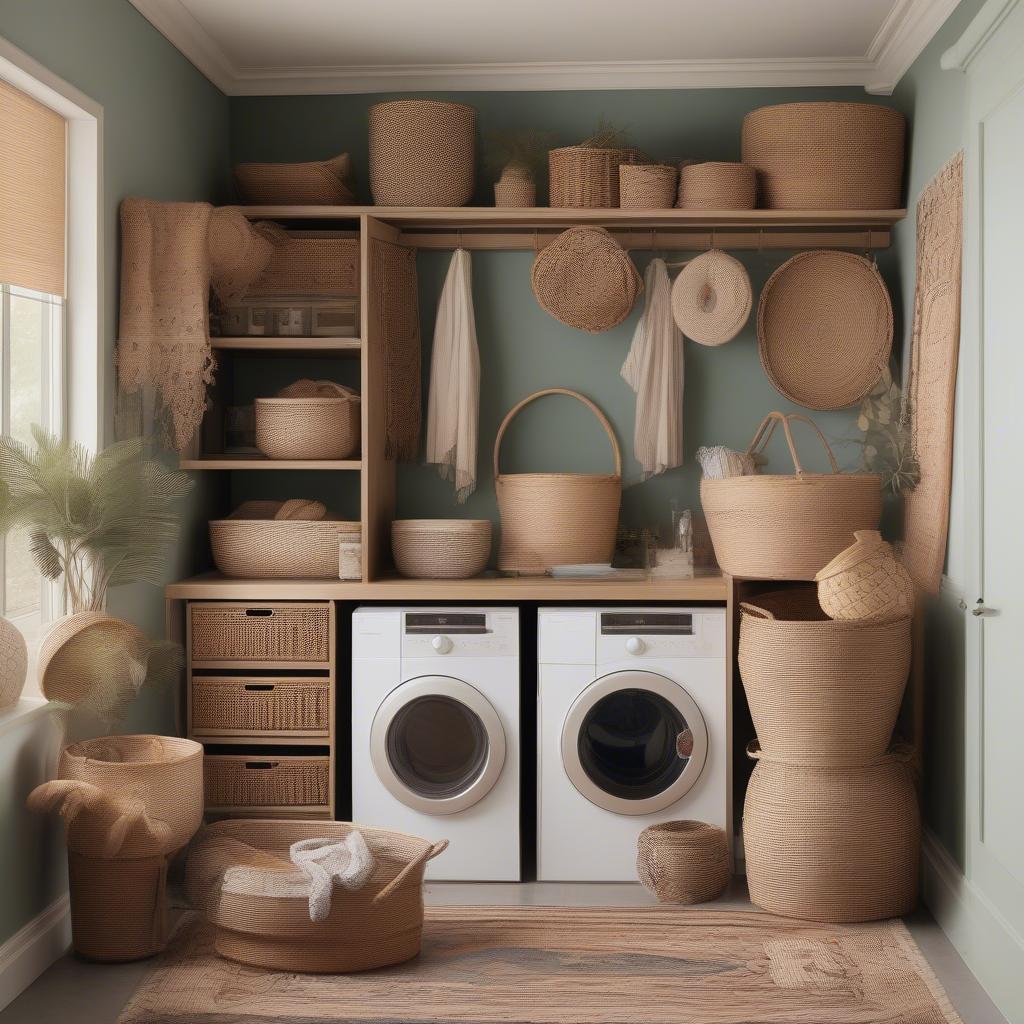 Mixing and Matching Wicker and Rattan in a Boho Laundry Room