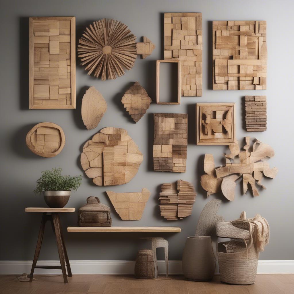 A gallery wall featuring a mix of wood wall art pieces creates a unique and eclectic look.