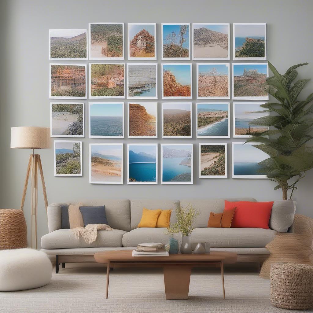 Mixtiles pictures arranged on a living room wall