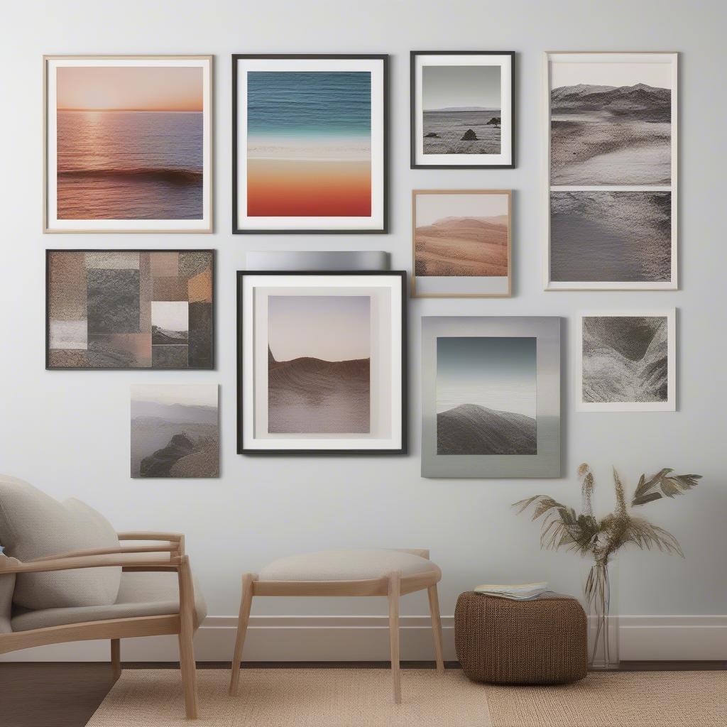 Mixtiles prints arranged on a gallery wall, showcasing different sizes and frame styles.