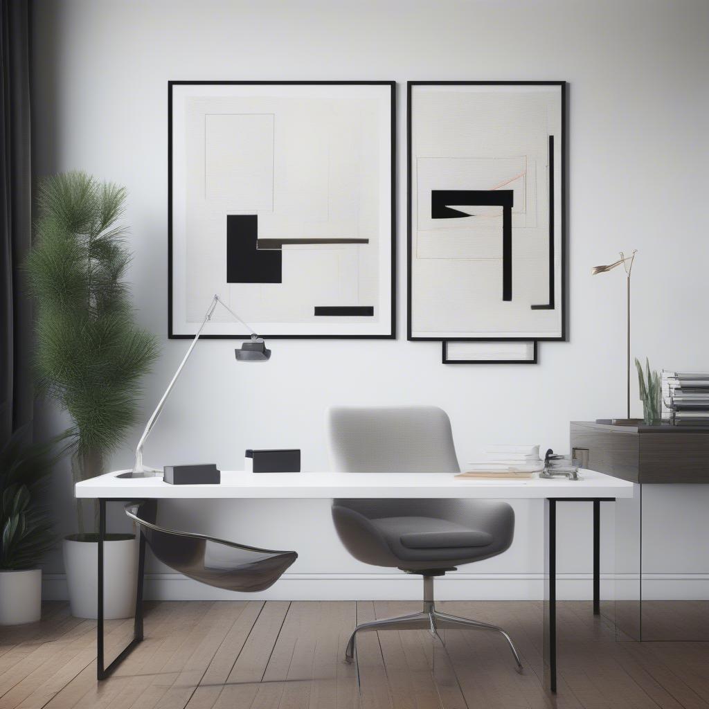 Sleek, modern 20x20 poster frame with a thin black border displaying a minimalist abstract print in a contemporary home office.