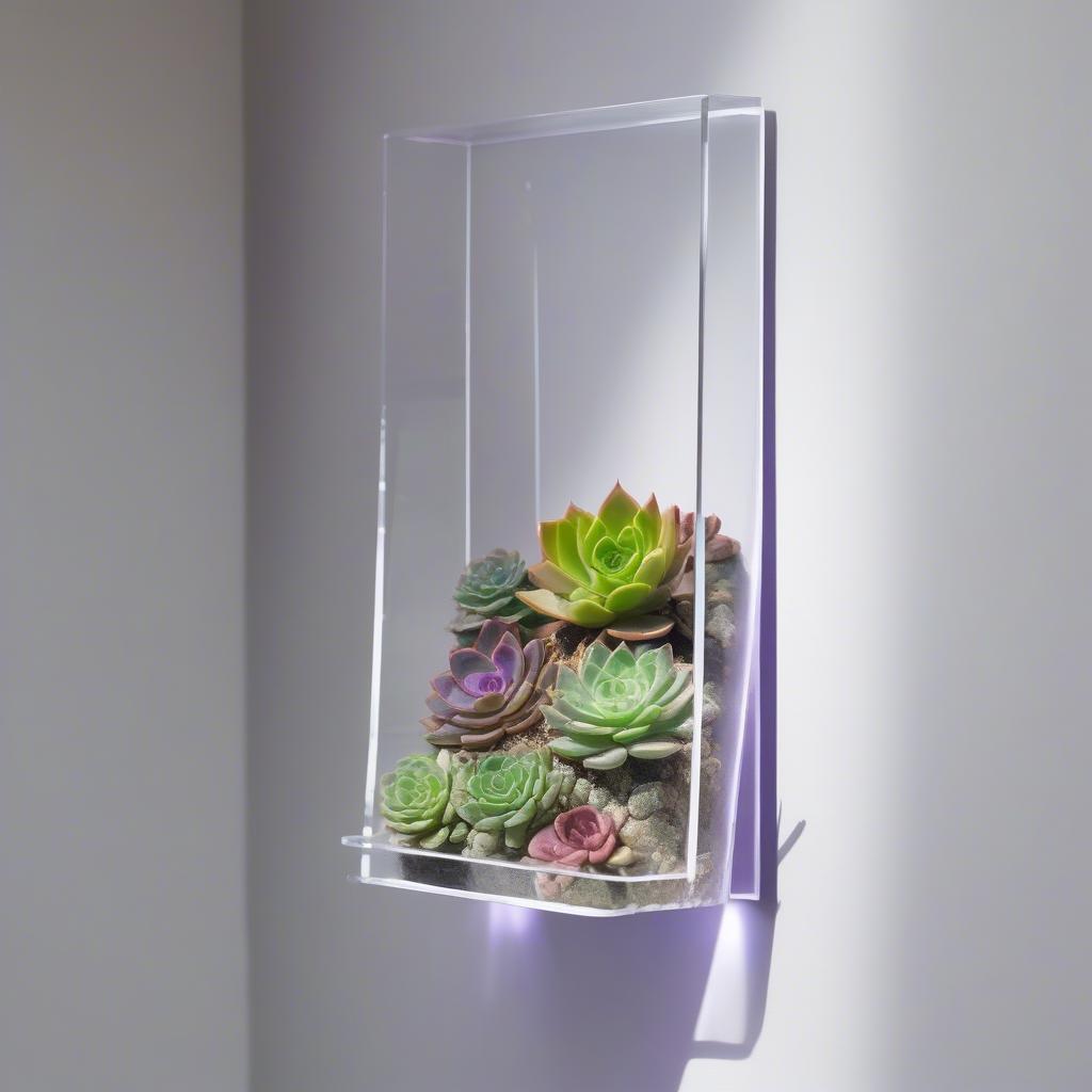 A modern acrylic wall pocket containing succulents, mounted on a white wall.