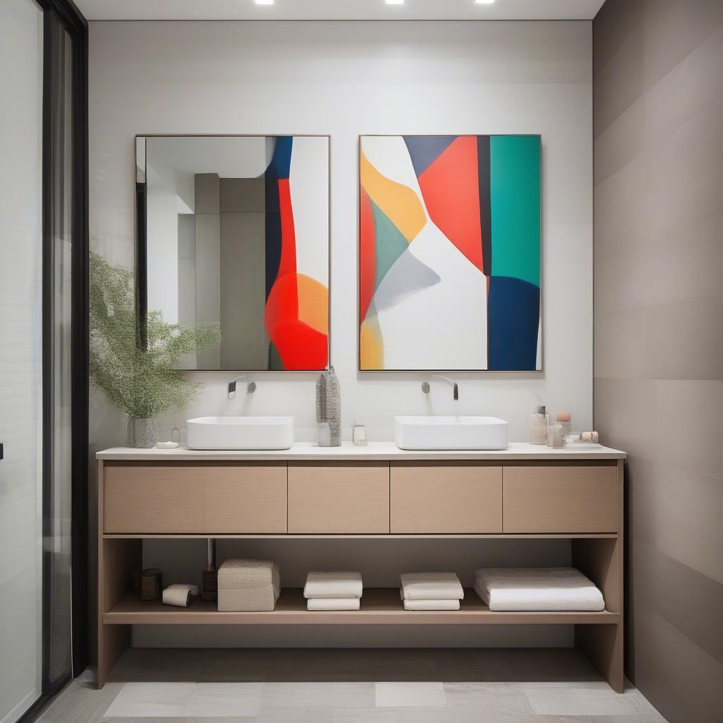 Modern bathroom with abstract canvas art