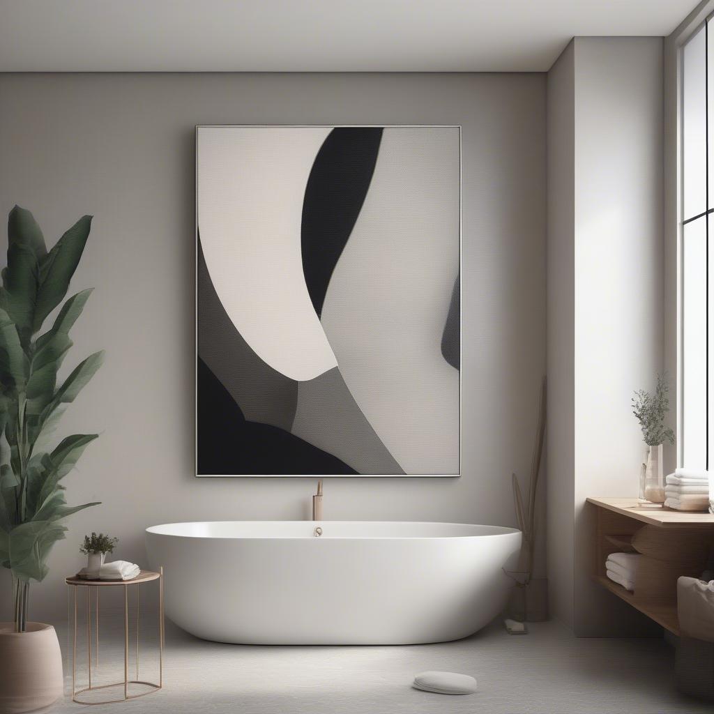 Modern bathroom featuring abstract canvas art