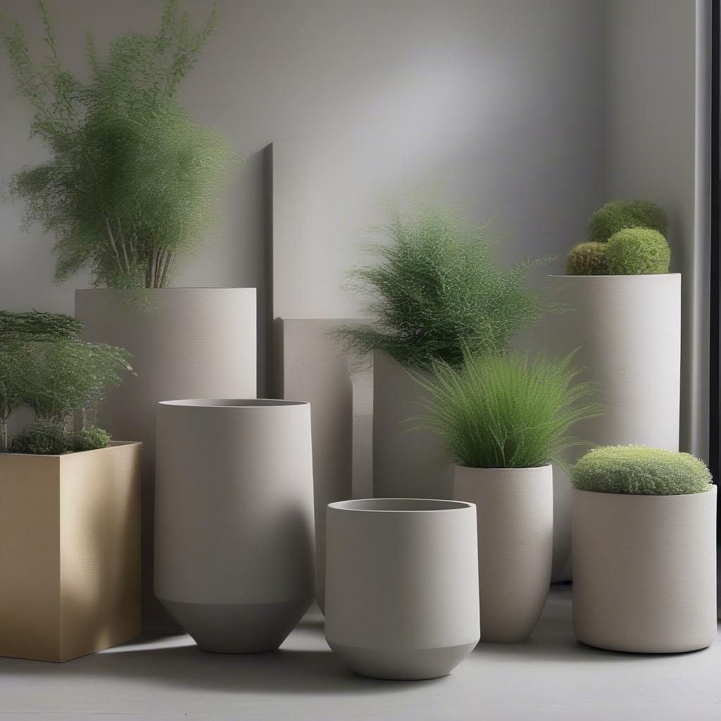 Modern cement planters for sale in various shapes and sizes.