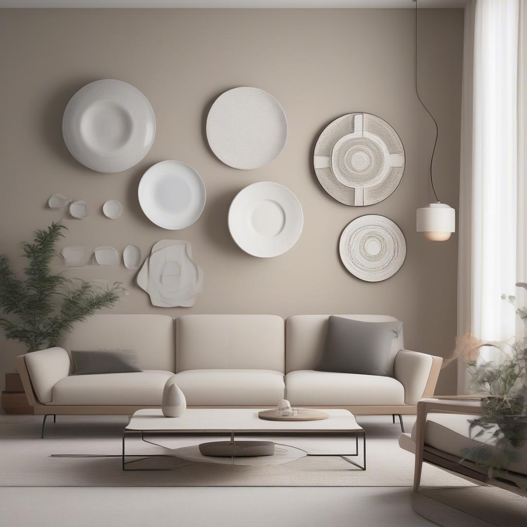 Modern ceramic wall plates with geometric designs in a minimalist living room.