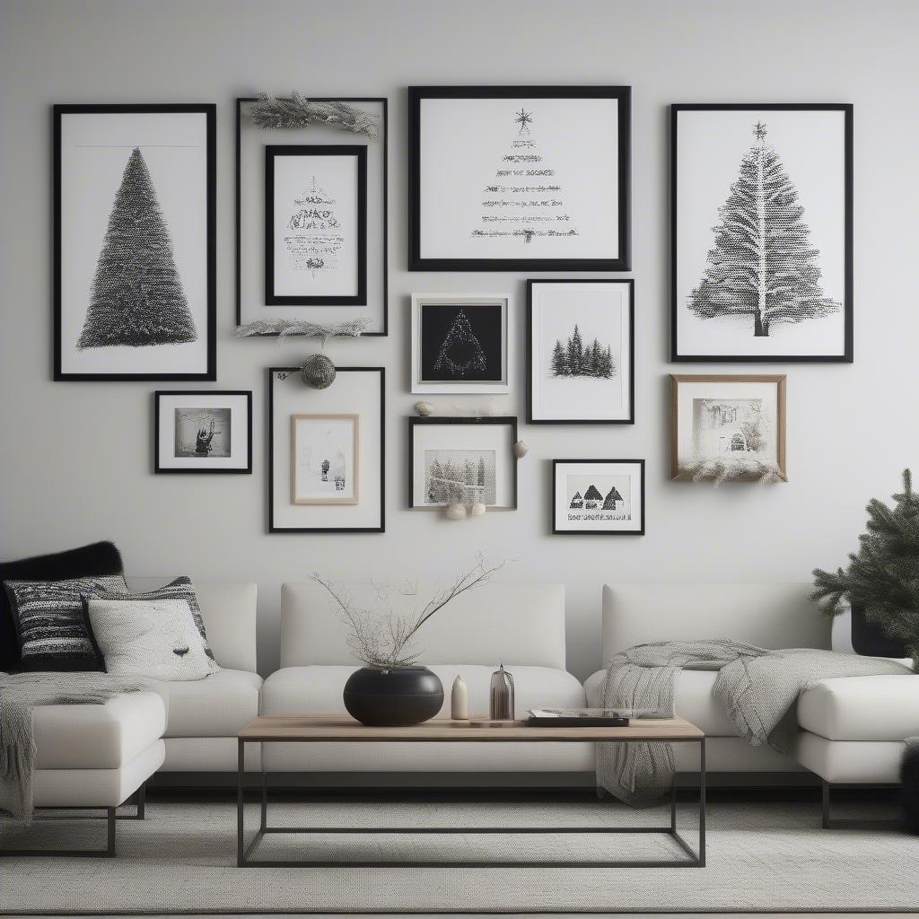 Sleek, modern frames displaying minimalist Christmas imagery in a contemporary living room.