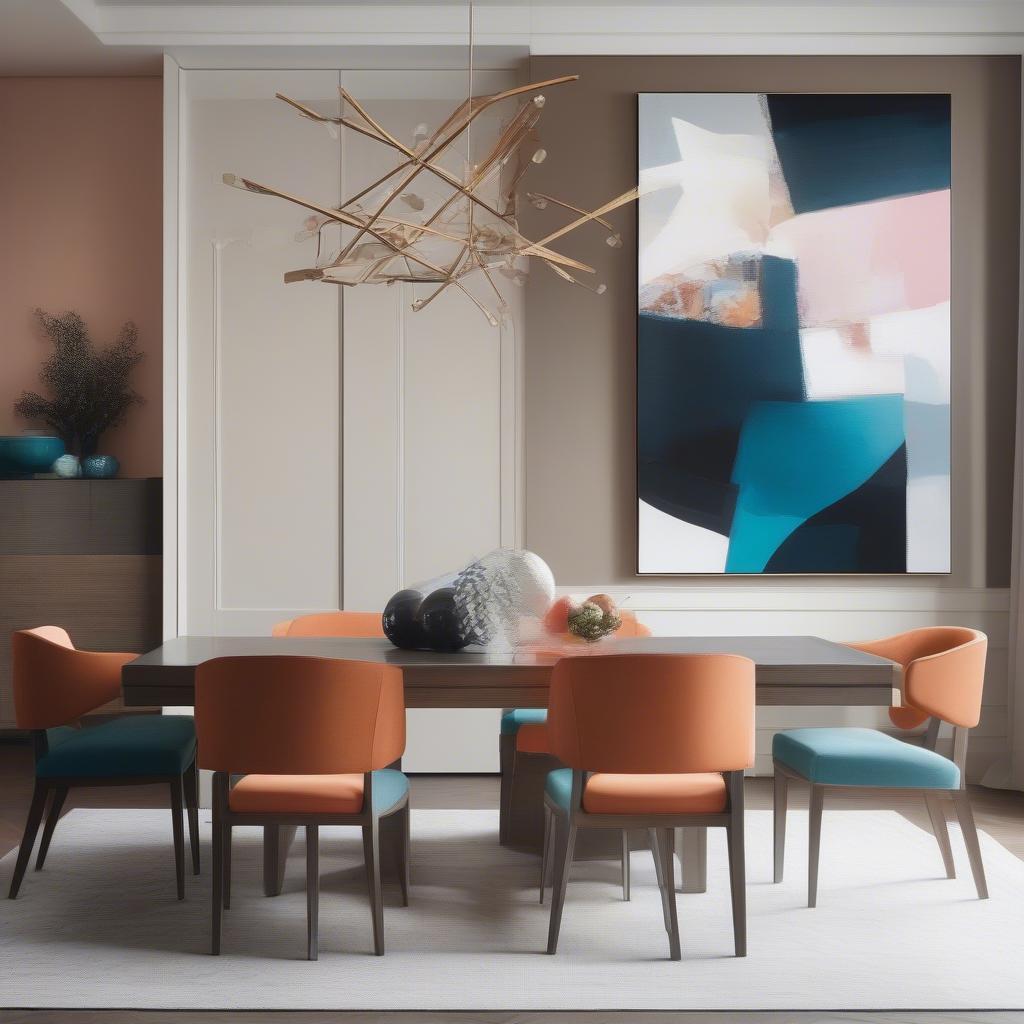 Abstract art creates a focal point in a contemporary dining room.