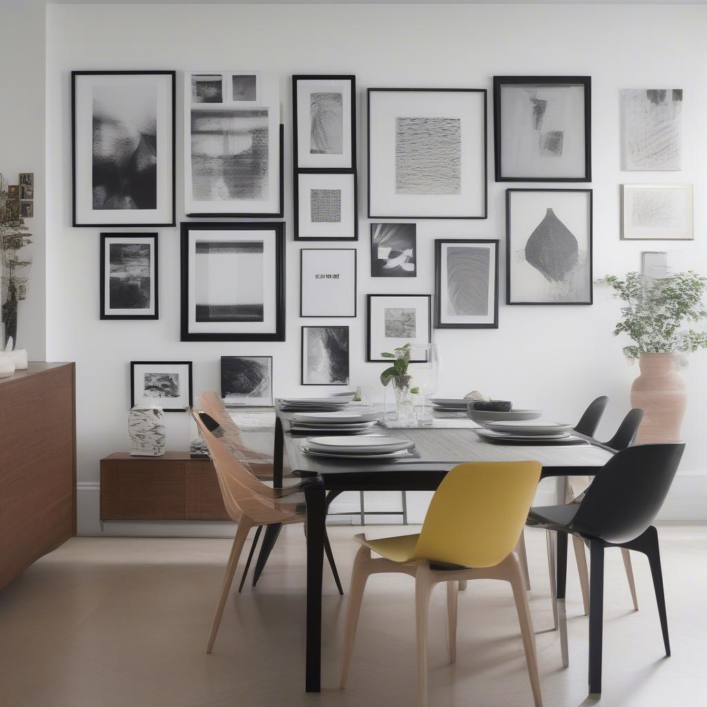 Modern dining room with a gallery wall of picture frames in various sizes and materials.