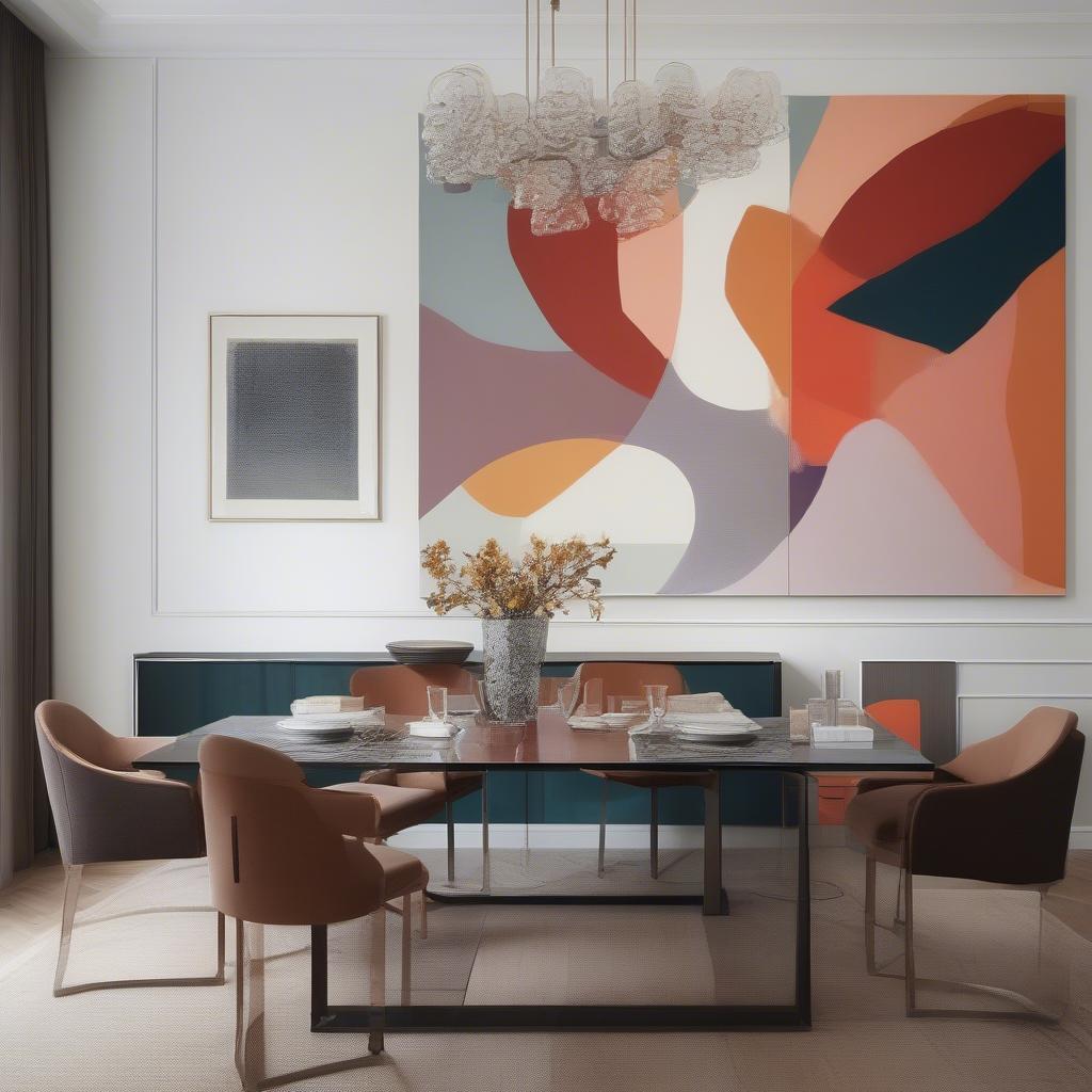 Modern wall art adds a stylish touch to a contemporary dining room