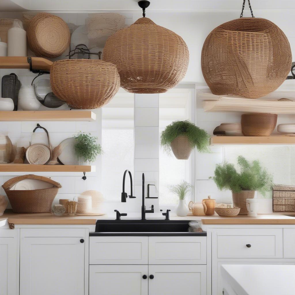 A modern farmhouse kitchen with woven pendant lights, wicker baskets on open shelving, and a large rattan wall hanging.