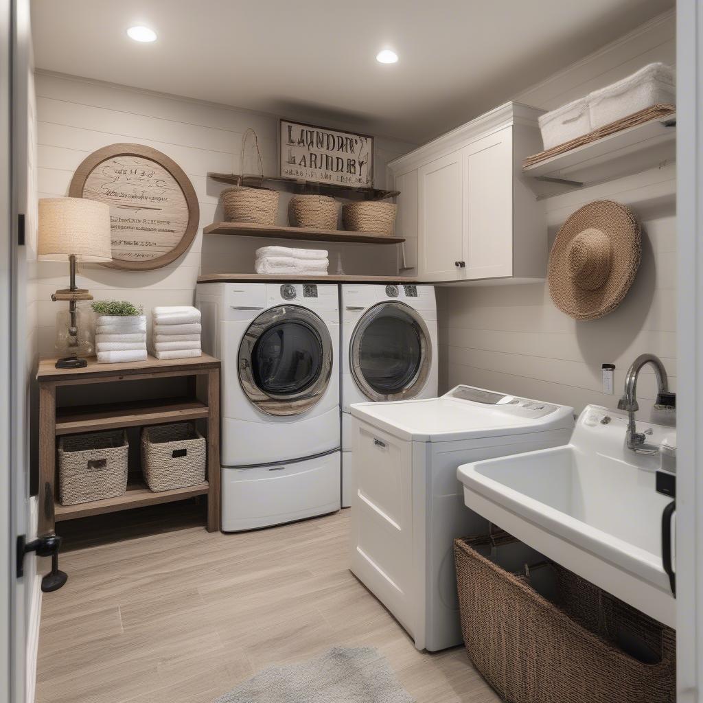 Modern Farmhouse Laundry Room Featuring a Wooden Laundry Sign