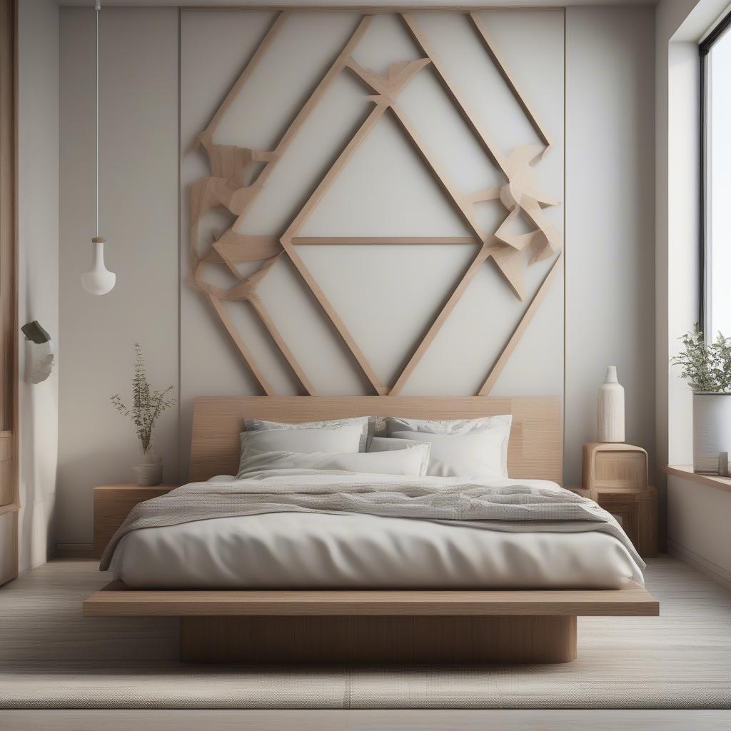 Modern geometric wood cutout wall decor enhances a minimalist bedroom, adding a touch of sophistication.