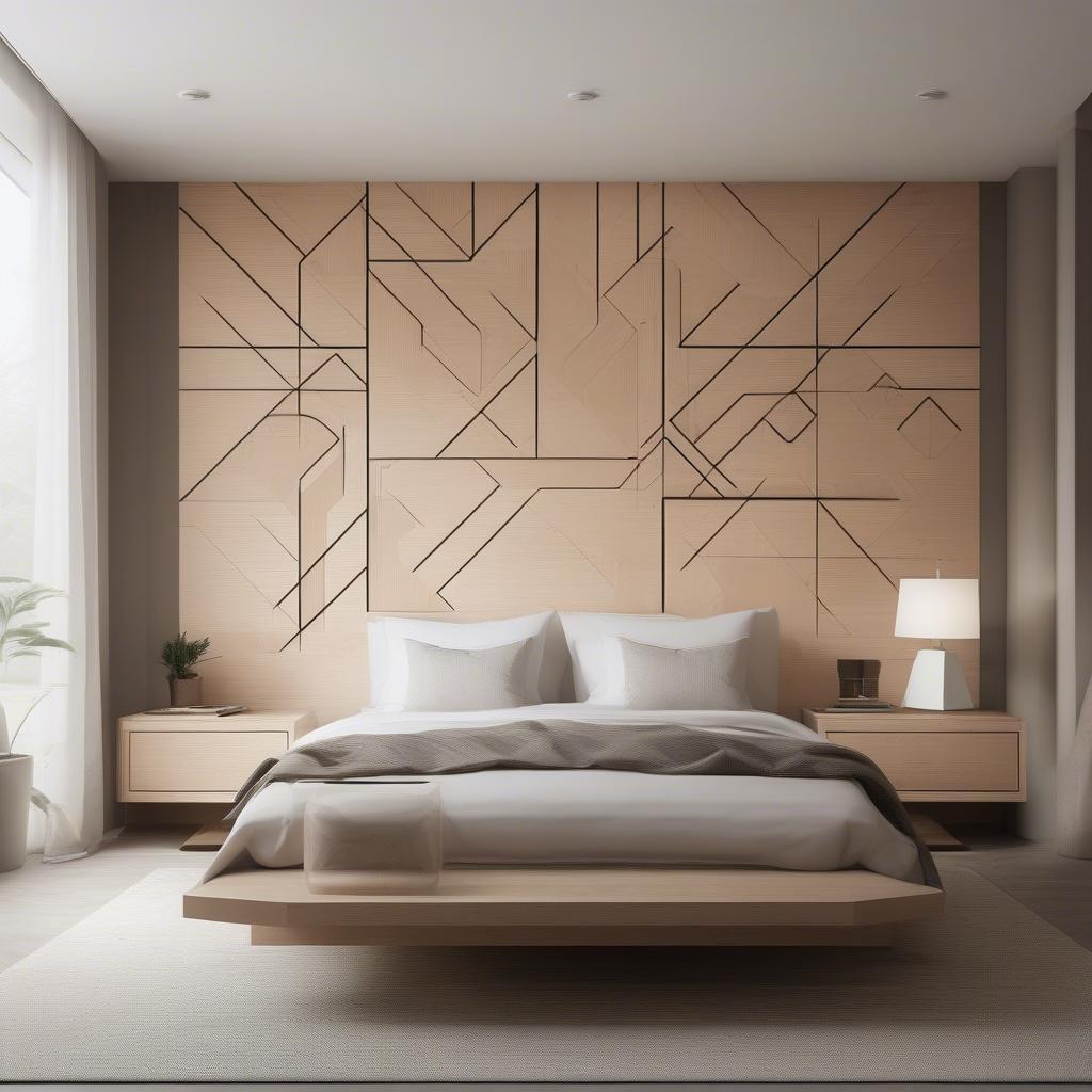 Modern geometric wood wall art adds a stylish touch to a minimalist bedroom.