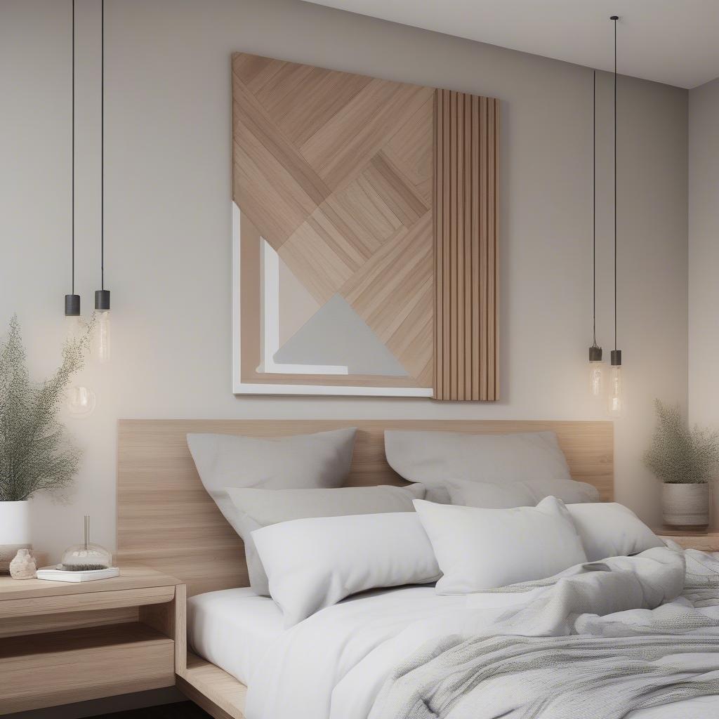 Modern geometric wood wall art hanging above a bed in a minimalist bedroom.