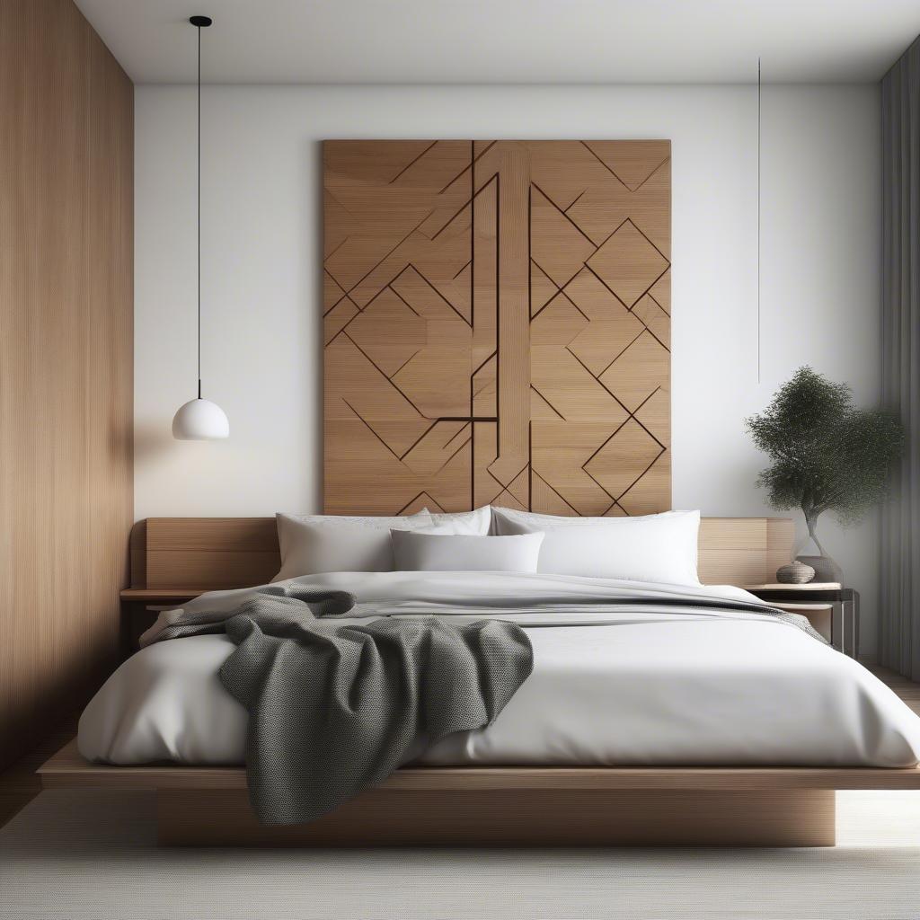 Modern geometric wooden wall art adds a stylish touch to a minimalist bedroom