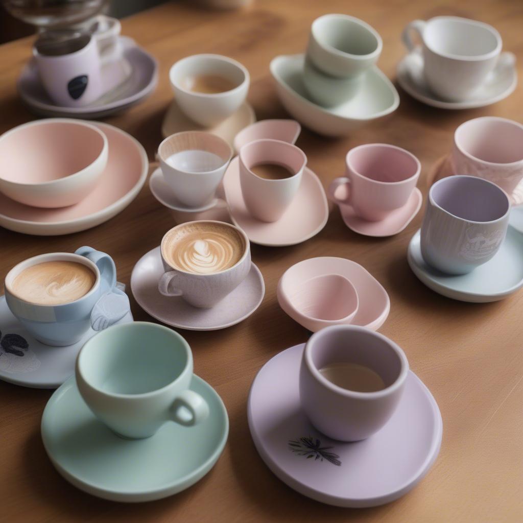 Modern grandmother coffee cups in pastel colors.