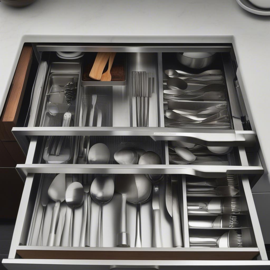 Modern stainless steel utensils neatly arranged in a contemporary kitchen