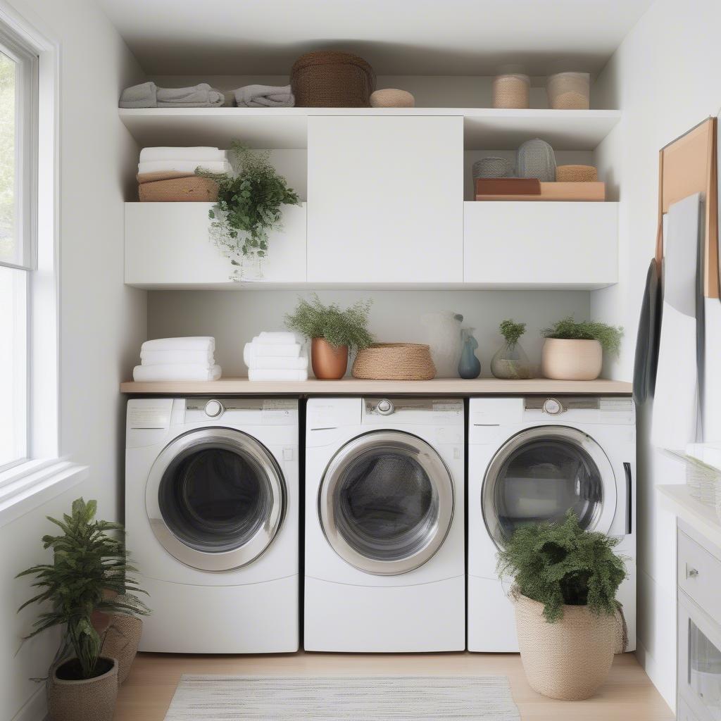 Modern laundry room wall decor with floating shelves and plants.