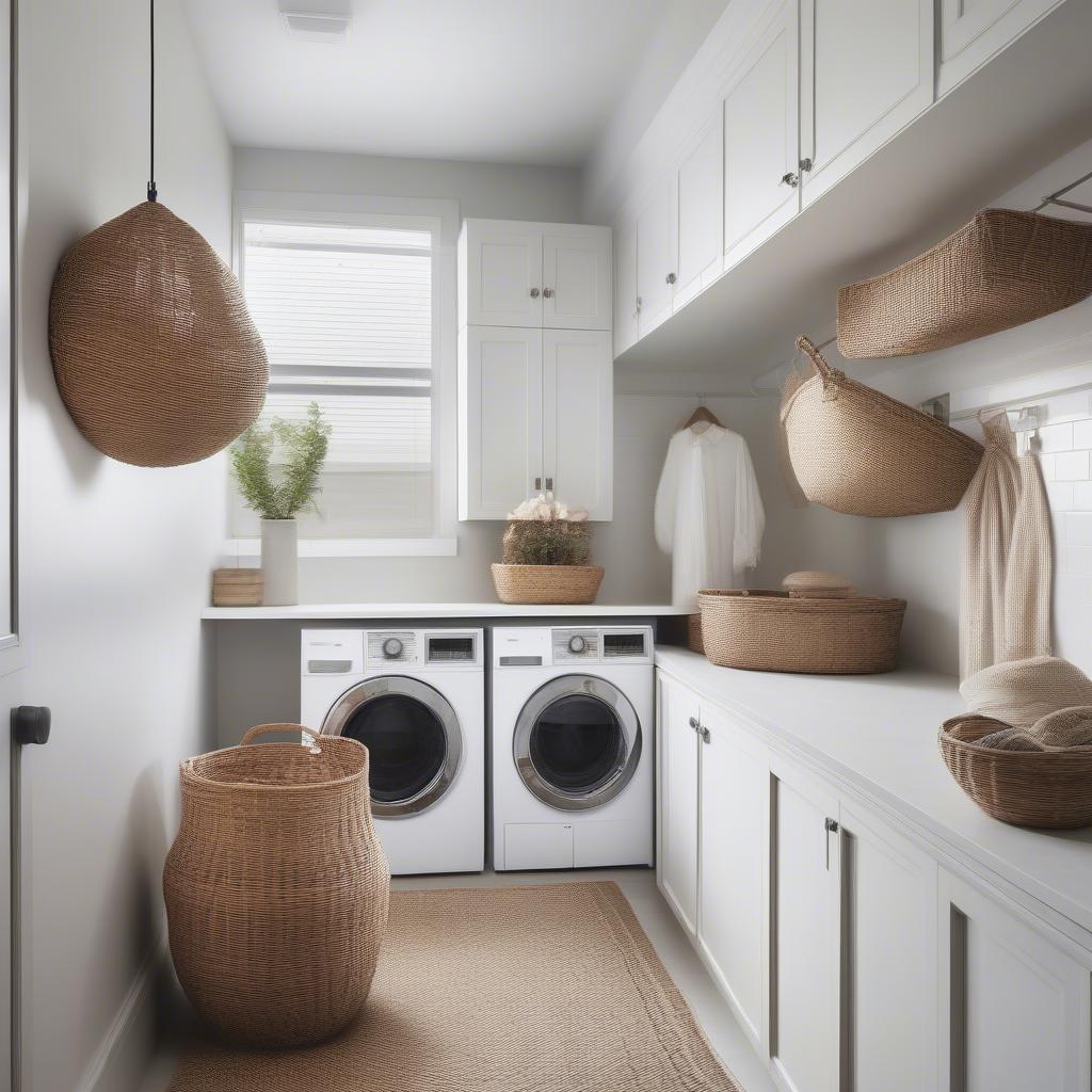 Modern laundry room featuring a wicker pendant light and rattan baskets on the wall