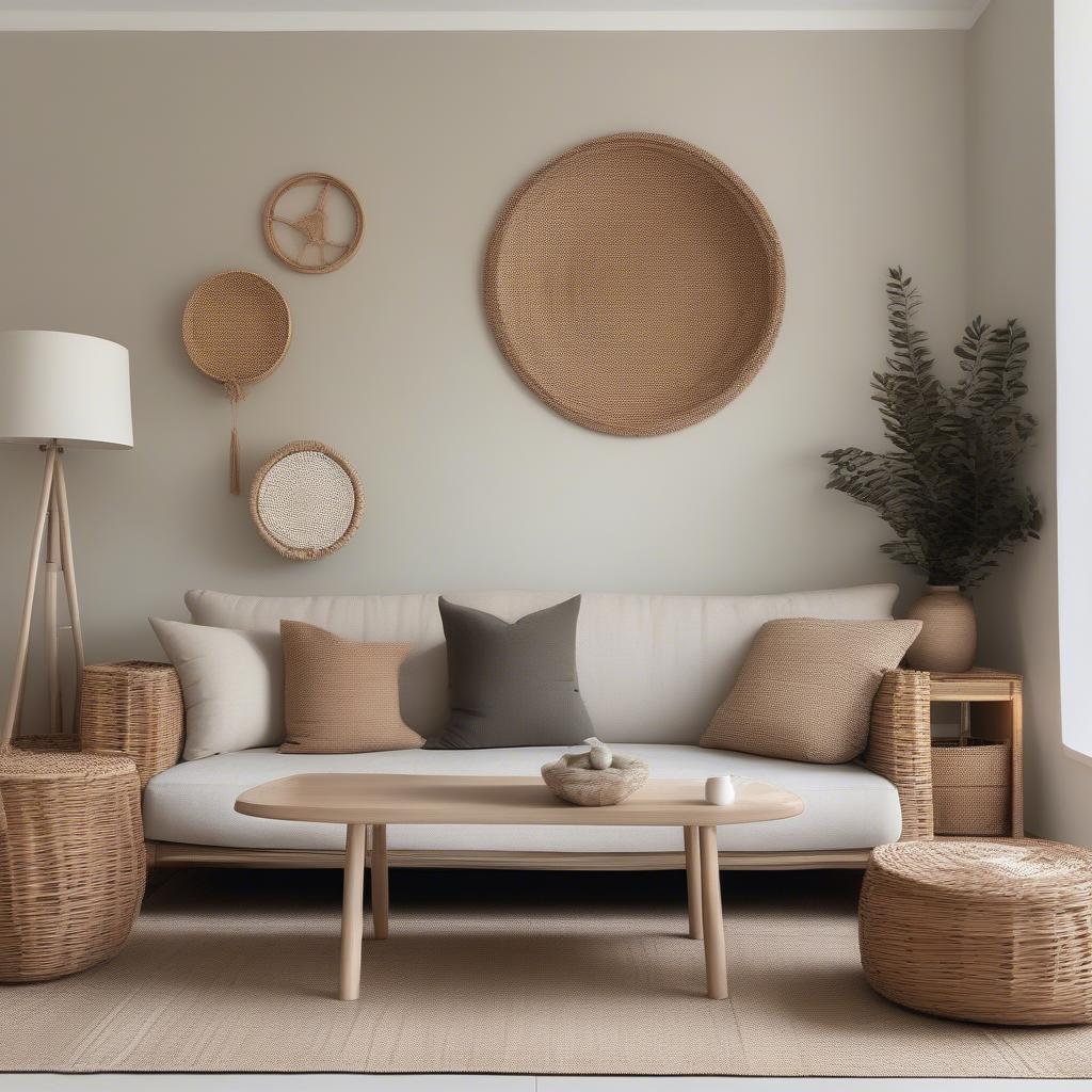 Modern living room with wicker and rattan accents