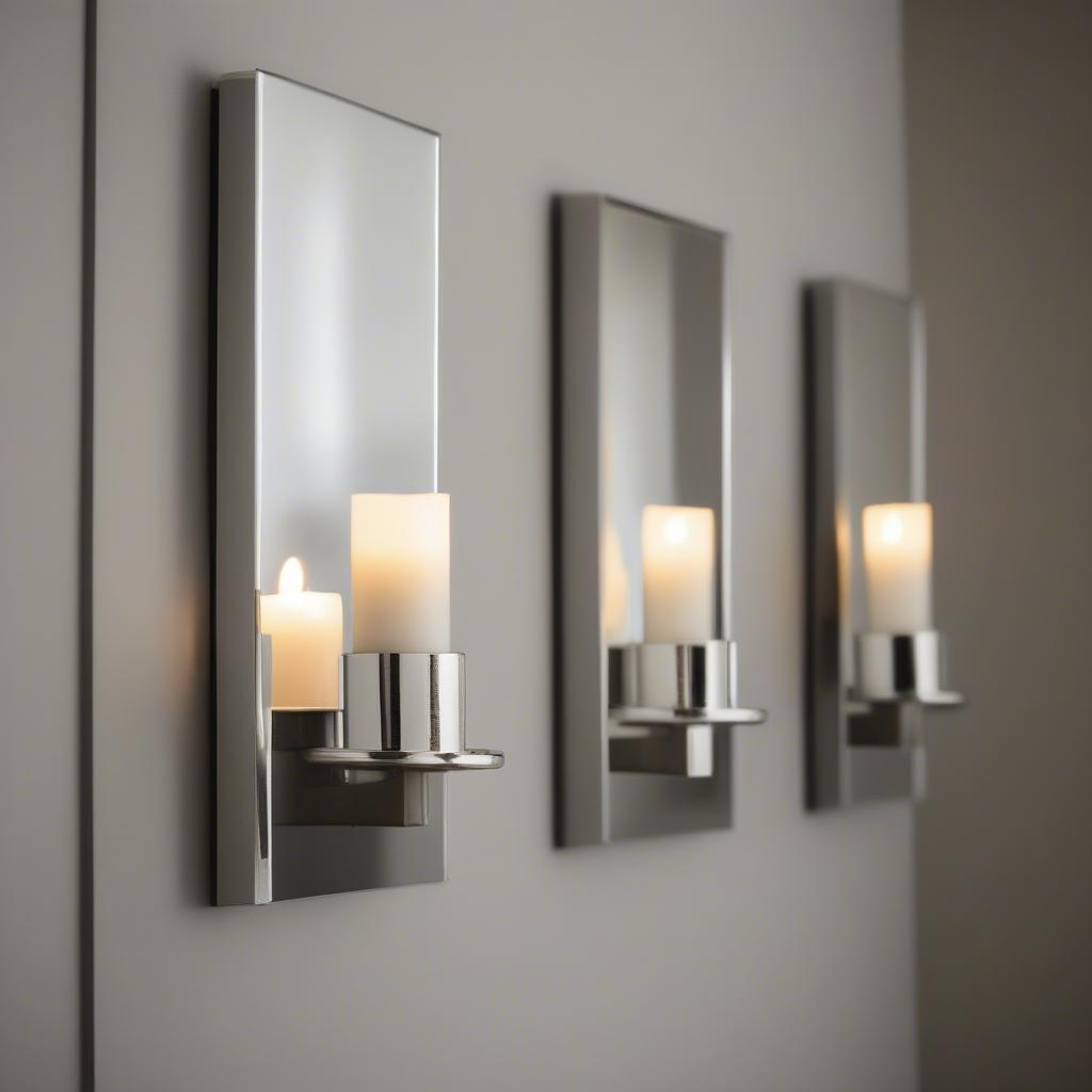 Sleek metal candle sconces create a contemporary feel in a dining room.