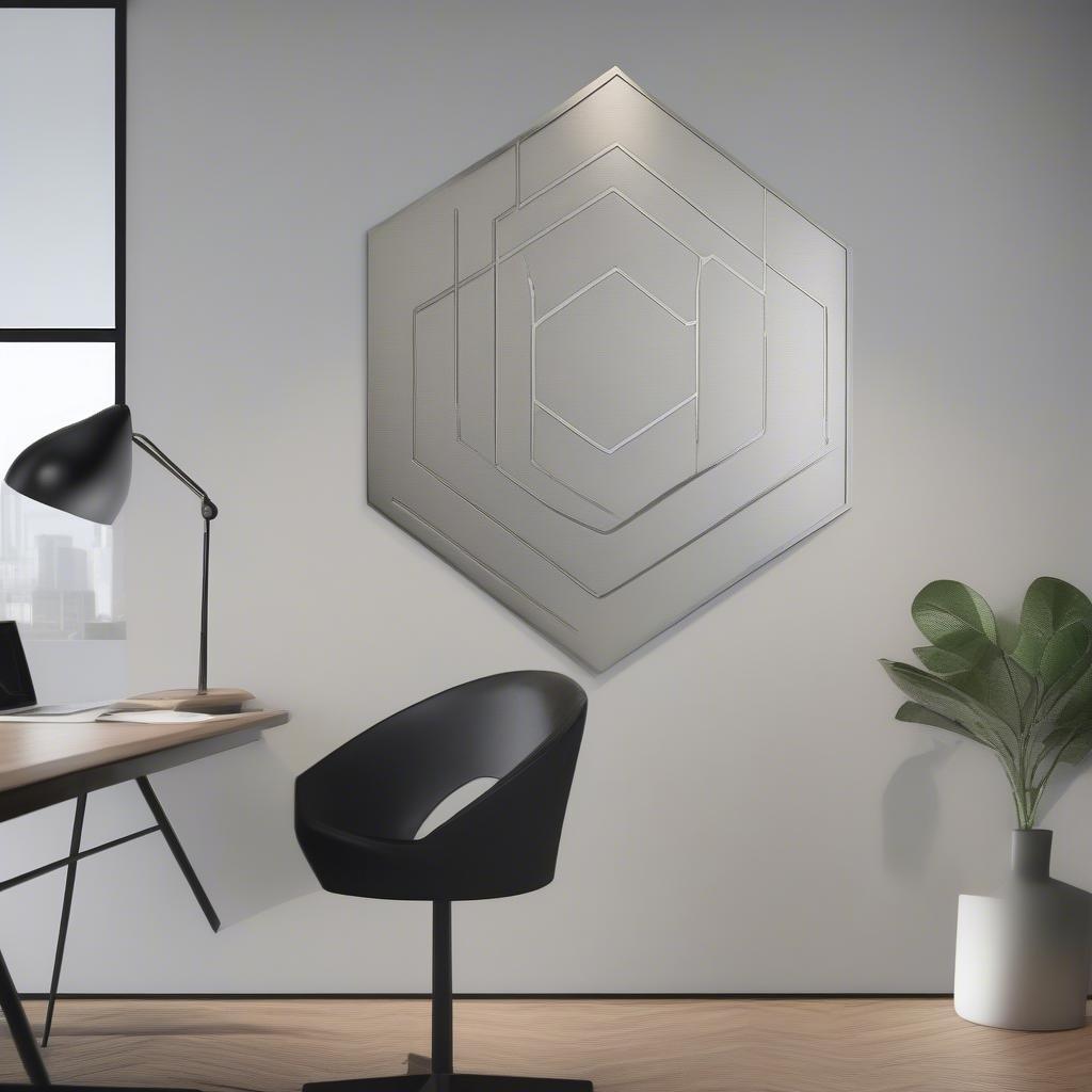 A sleek metal wall plaque adds a modern touch to a minimalist office.