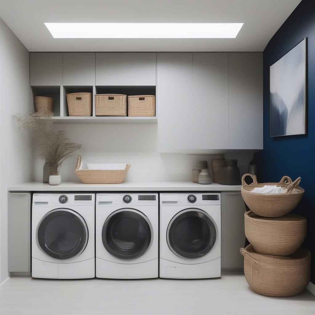 Modern minimalist laundry room with wicker storage baskets and abstract art.