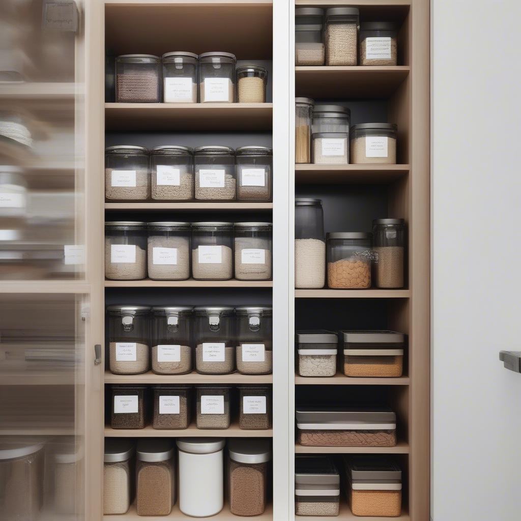 Modern pantry with printed labels on glass containers