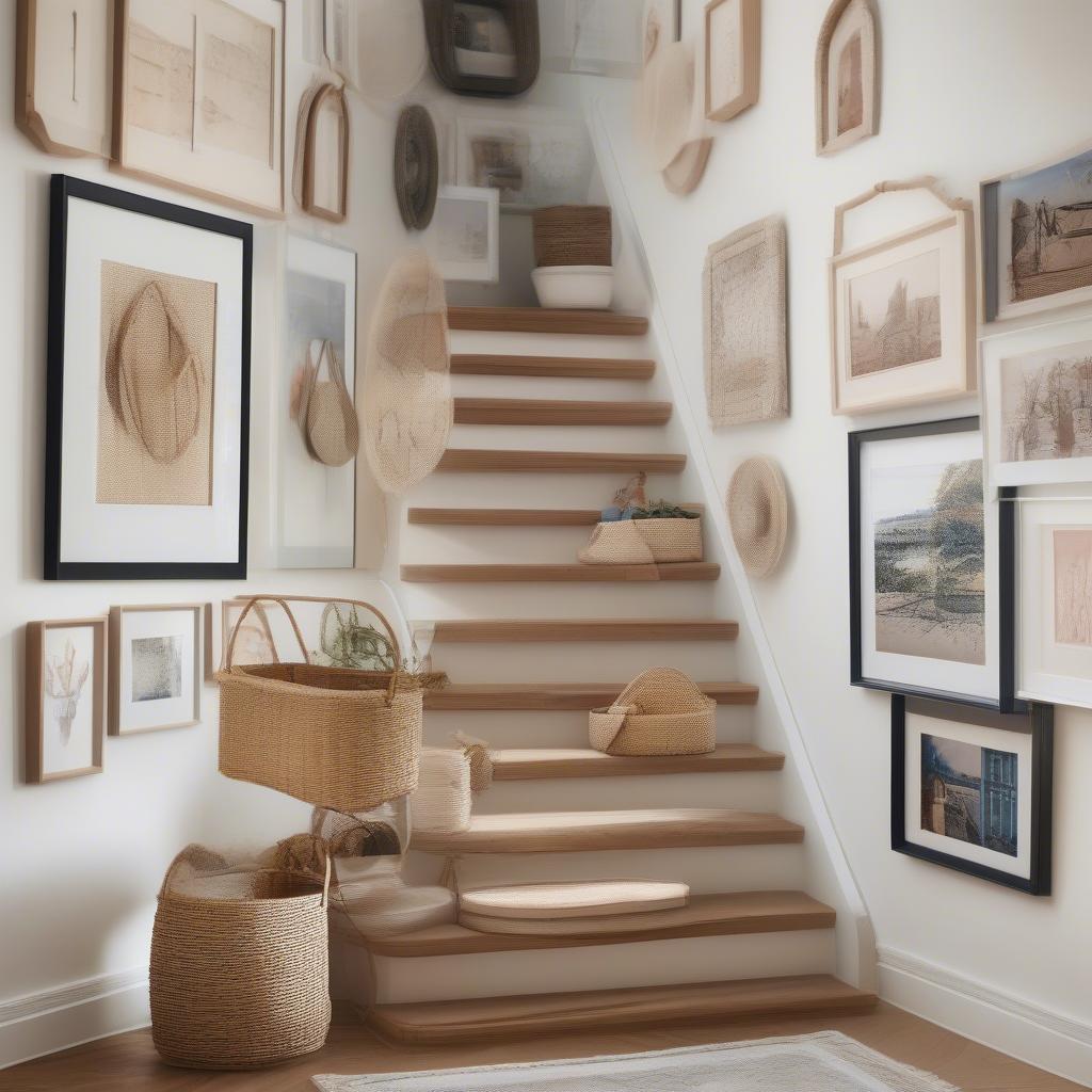 Modern Staircase Wall Decor with Wicker Baskets