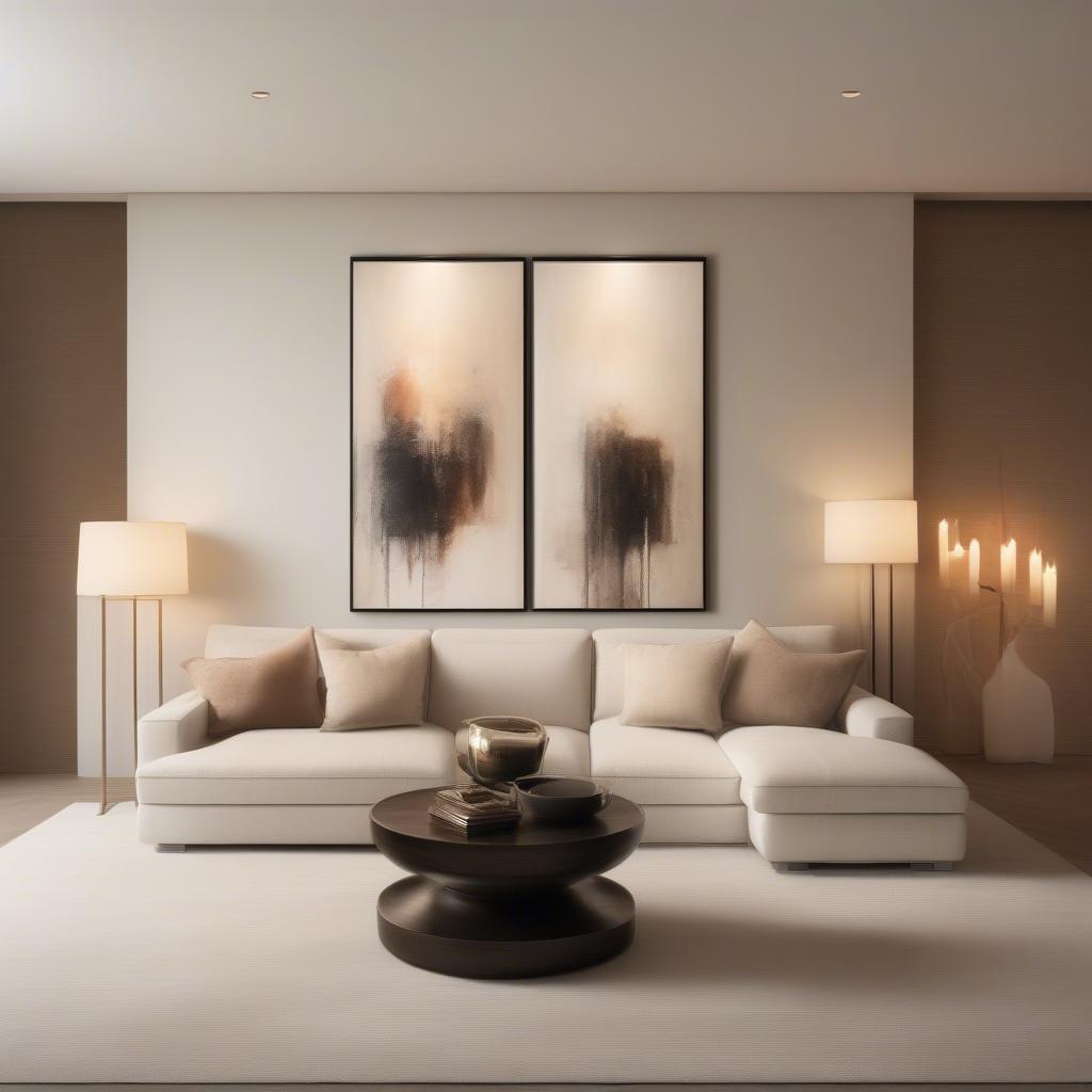 Modern wall mounted candle sconces illuminate a living room