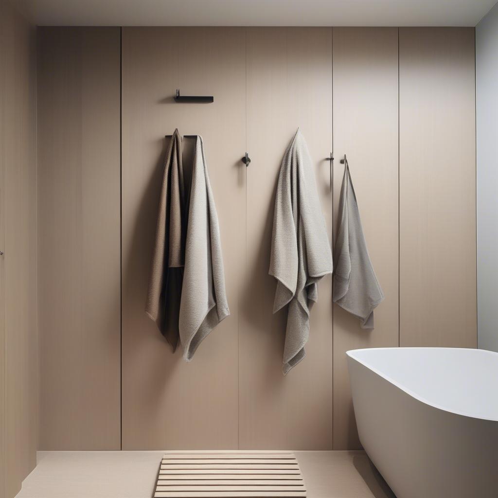 Modern wood coat hooks in a minimalist bathroom