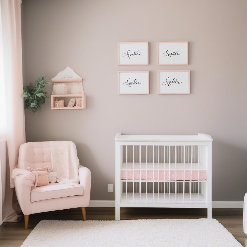 Modern wood name sign in a baby girl's nursery