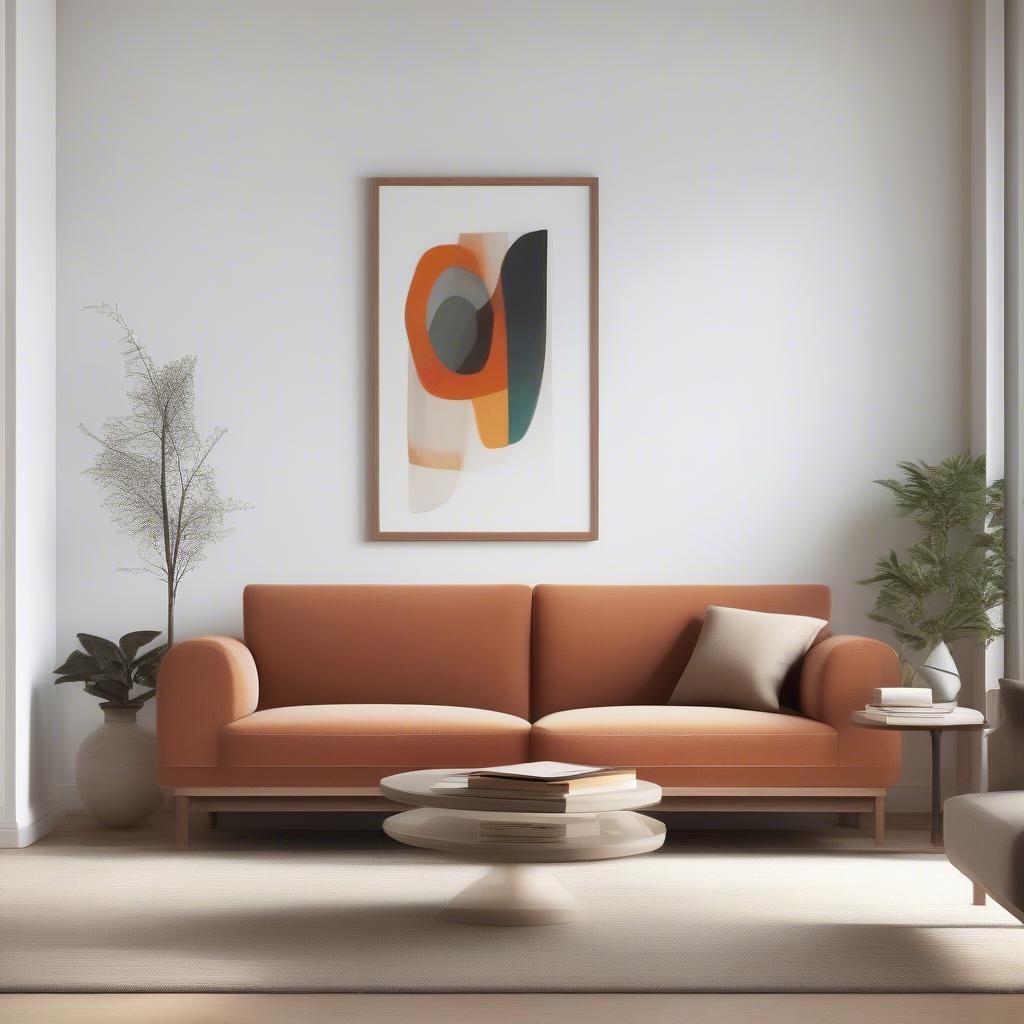 Modern wood picture frame displaying abstract art in a minimalist living room