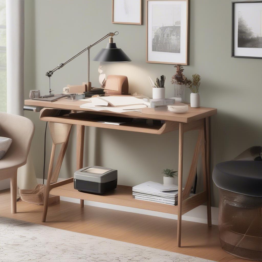 Modern wood printer table with decorative elements and organized accessories.