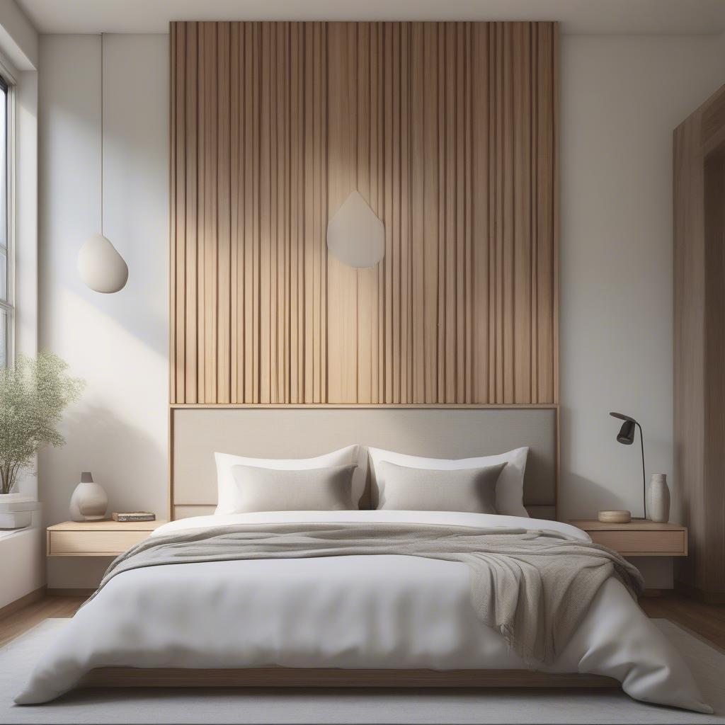 Modern wood wall art hanging above a bed in a minimalist bedroom