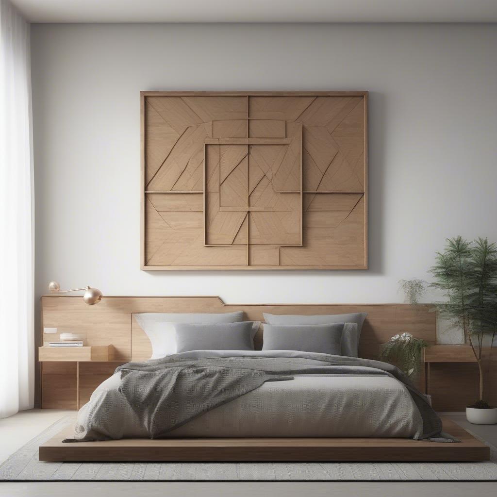 Modern wooden wall art hanging above a bed in a minimalist bedroom