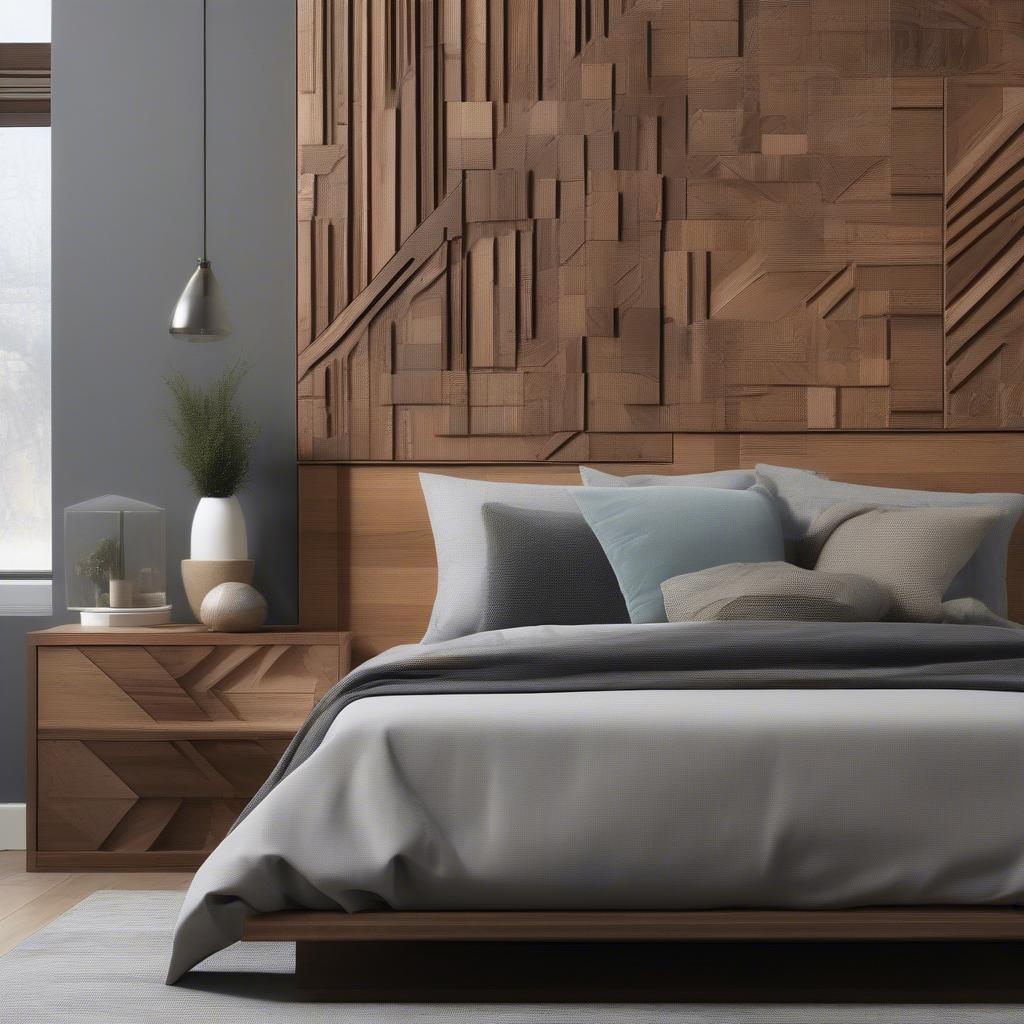 Modern wood wall art above a bed in a bedroom