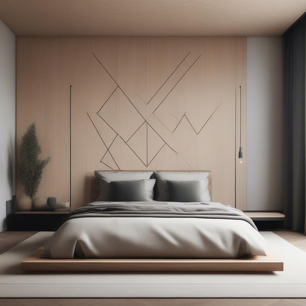 Modern wood wall decor adds a touch of elegance to a minimalist bedroom.