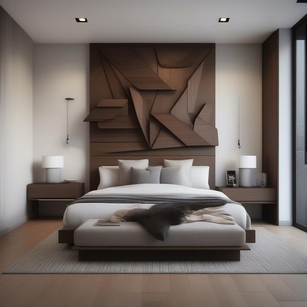 Modern wood wall decor creates a stylish focal point in a bedroom.