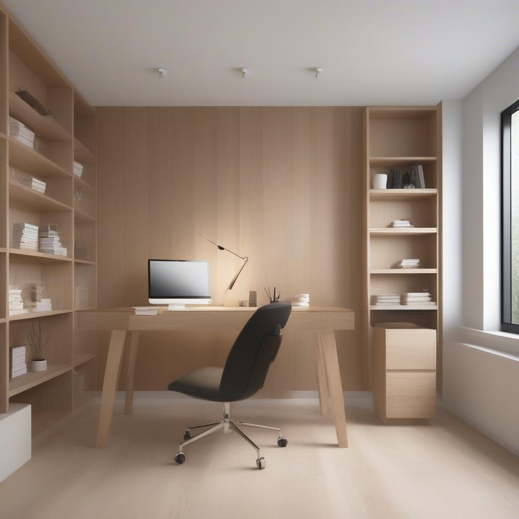 Modern wood word designs featuring sleek lines and minimalist aesthetics in a contemporary home office.