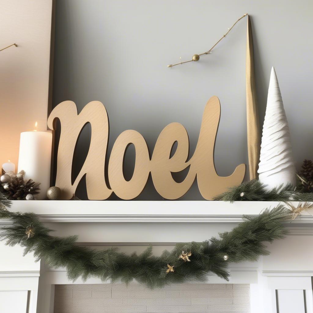 Modern wooden Christmas sign with metallic gold accents displayed on a mantelpiece.